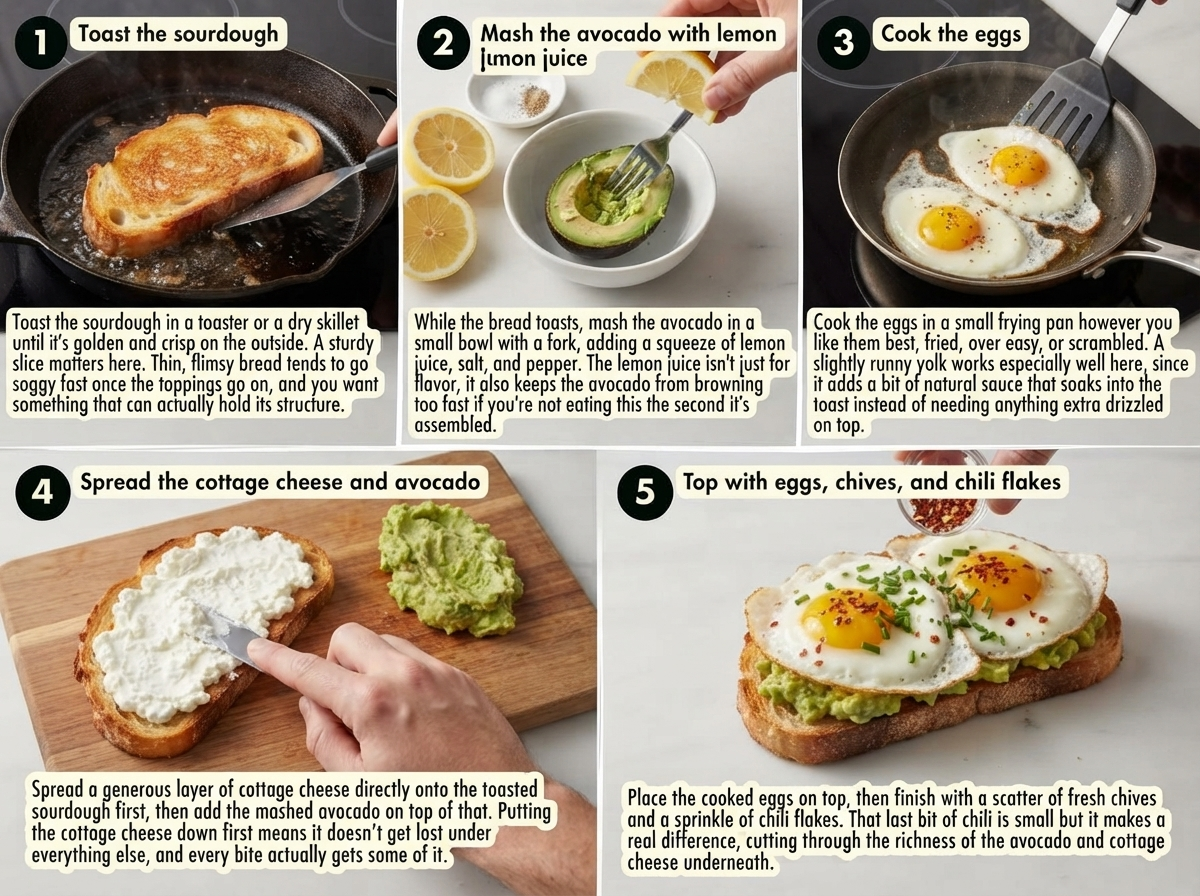 Step-by-step avocado egg toast recipe with toasted sourdough, mashed avocado, cottage cheese, fried eggs, fresh chives, and chili flakes