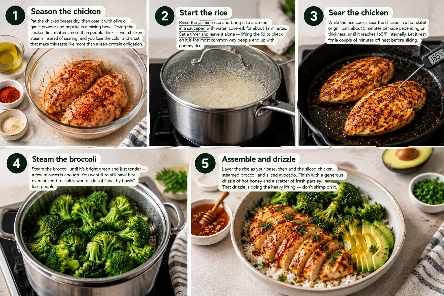 Step-by-step preparation of a Hot Honey Chicken Protein Bowl with seasoned chicken, jasmine rice, steamed broccoli, and avocado