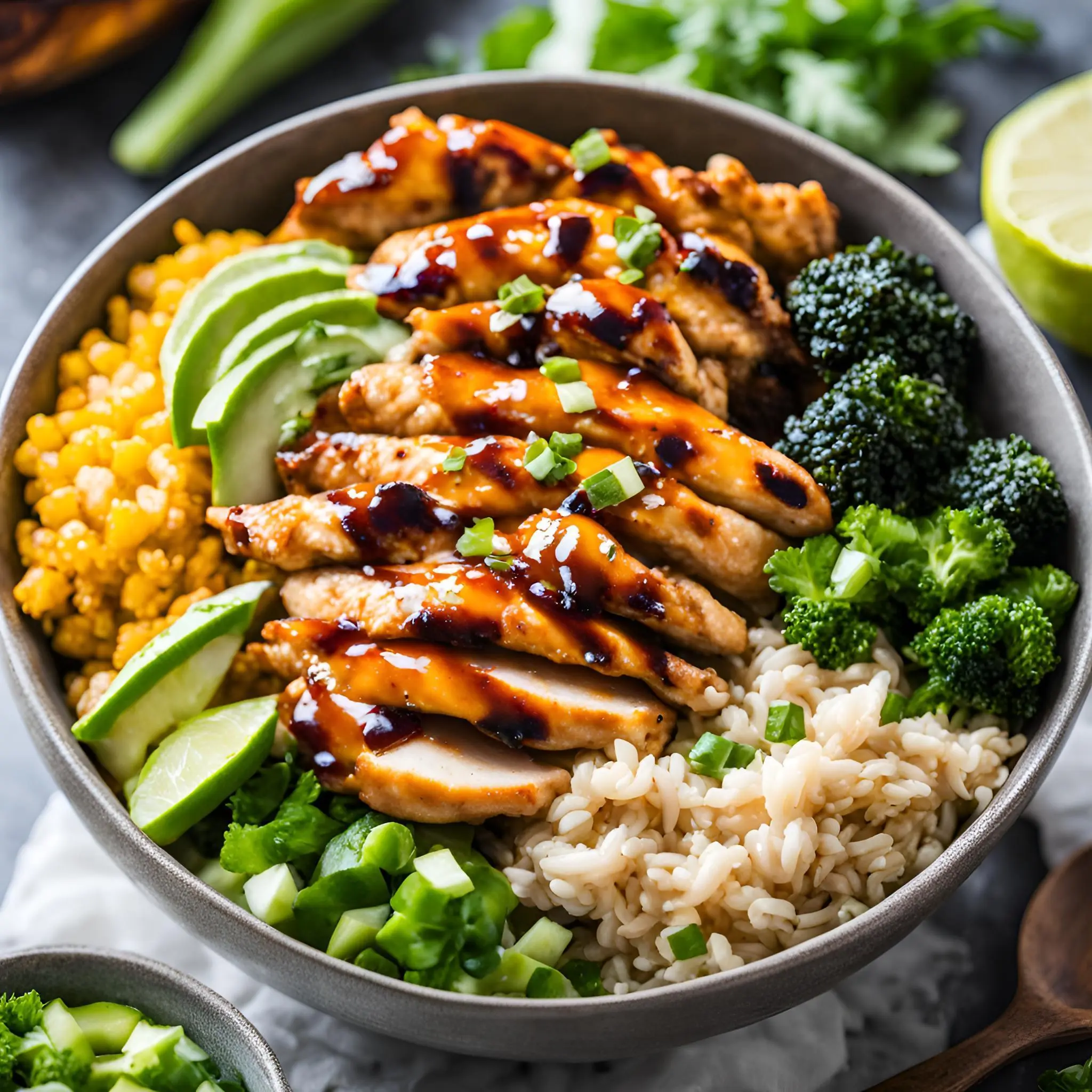 Hot Honey Chicken Protein Bowl with rice, broccoli, and avocado