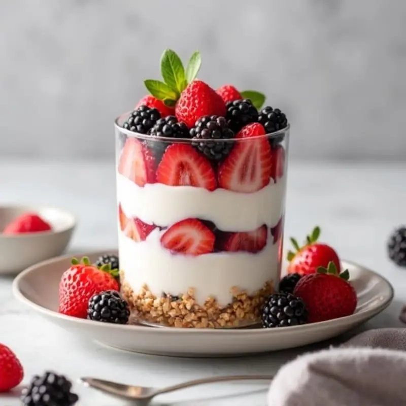 Strawberry and blackberry yogurt parfait layered with creamy yogurt, fresh berries, and crunchy granola