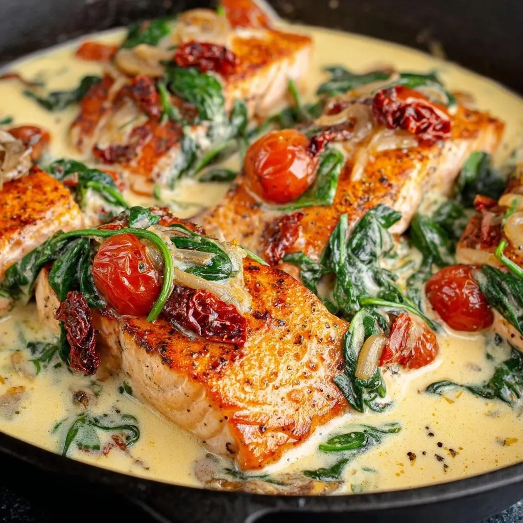 Creamy garlic Tuscan salmon with spinach and cherry tomatoes