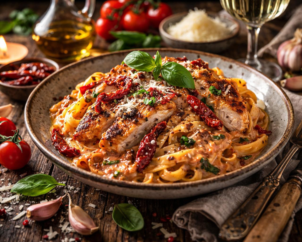Spicy chicken Alfredo protein pasta with creamy Parmesan sauce