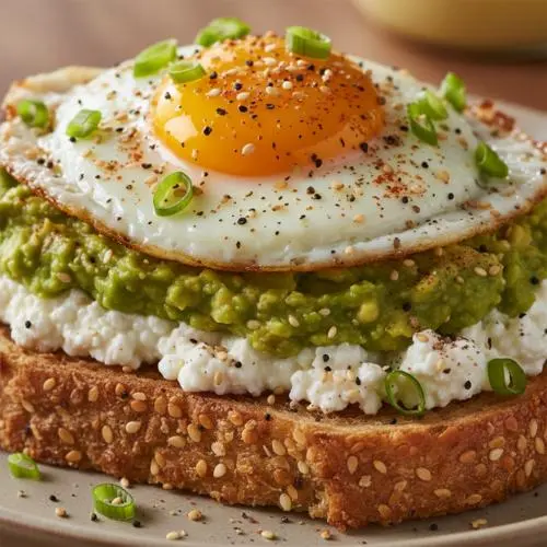 Cottage cheese and egg power toast with avocado, chives, and chili flakes