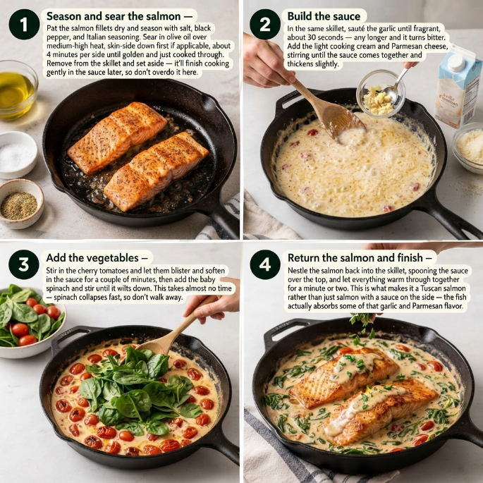 Four-panel recipe infographic showing steps to make Tuscan salmon: searing salmon fillets in a skillet, making a garlic-Parmesan cream sauce, adding cherry tomatoes and spinach, and returning the salmon to the pan to finish in the sauce.