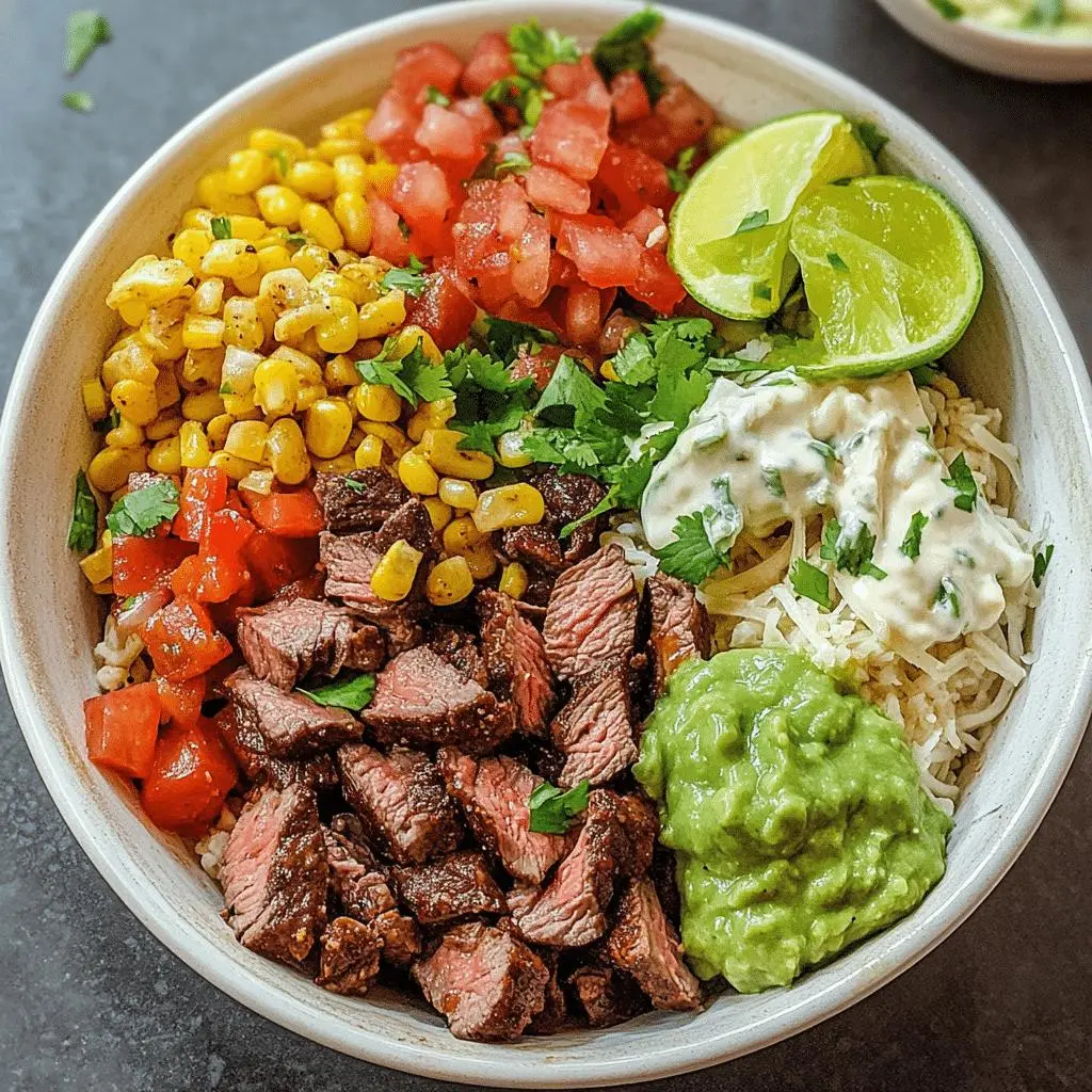 Steak burrito protein bowl with rice, black beans, corn, avocado, and tomatoes